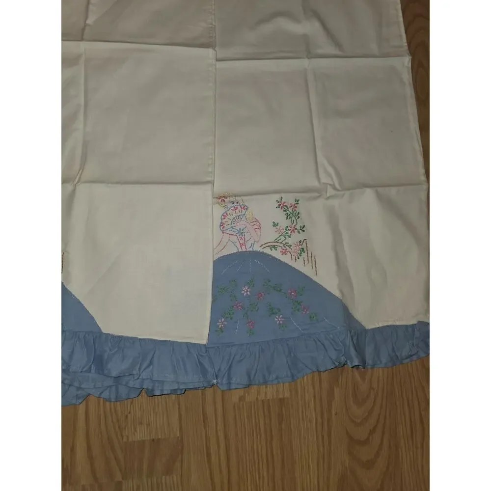 Vintage Hand Painted Embroidered Victorian Lady Pillowcase Pair Blue White Read